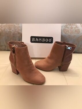 BAMBOO Chestnut Tan Suede Block Heel Ankle Booties